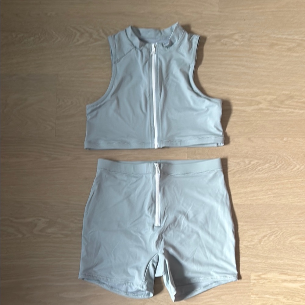 SKIMS Light Gray/Blue Zip-Up Athletic Swimsuit